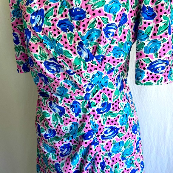 Vintage 1980s Pink Polka Dot Floral Cocktail Dress Sz 10 - Picture 7 of 12